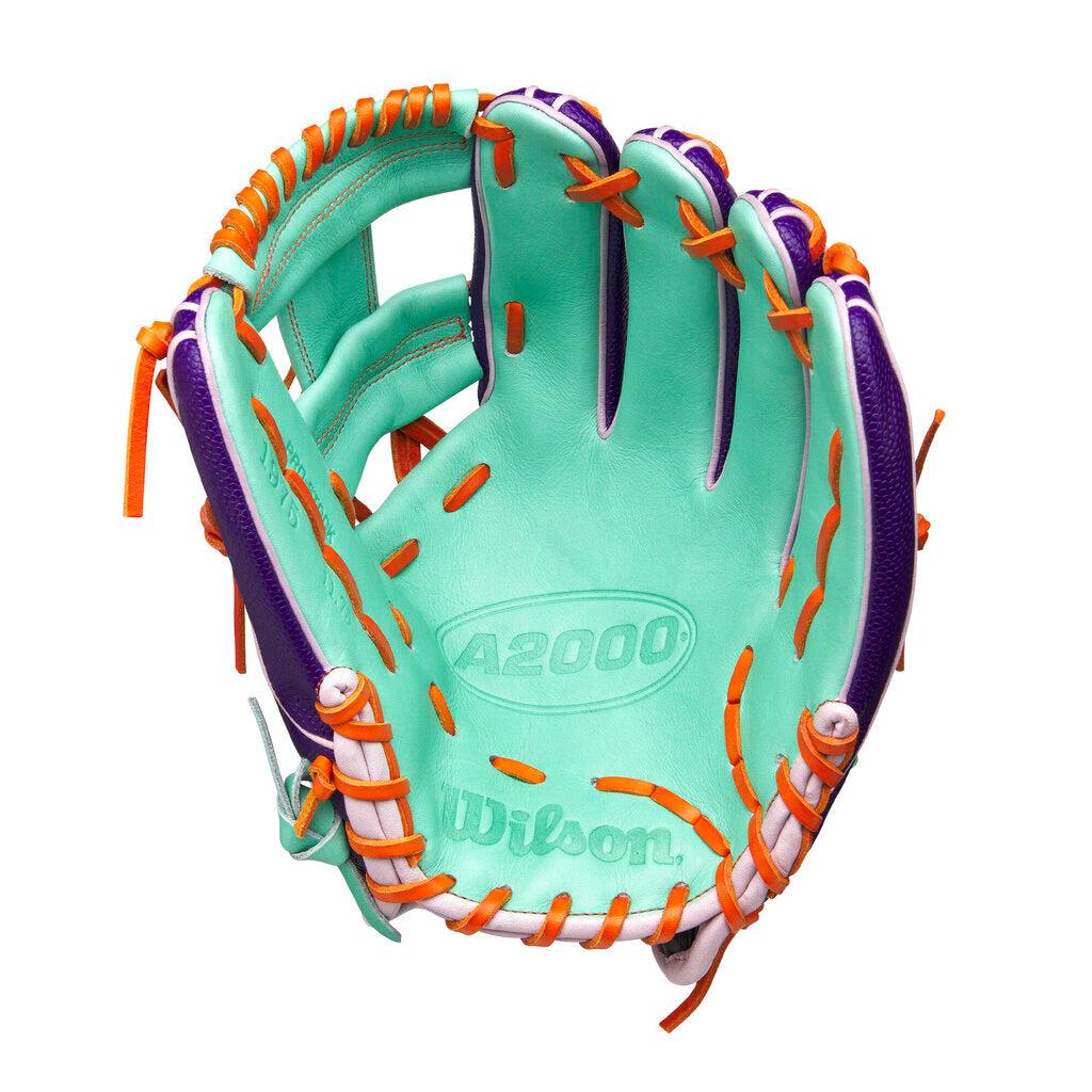 Baseball glove back view with seafoam leather, orange laces, and A2000 embossed stamp