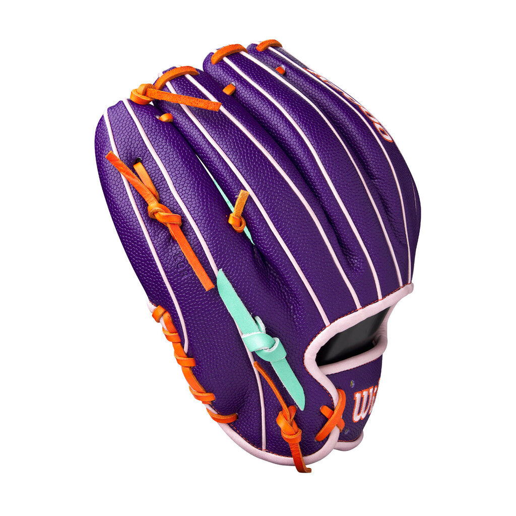 Baseball glove top view with purple finger stalls, seafoam trim, and orange laces