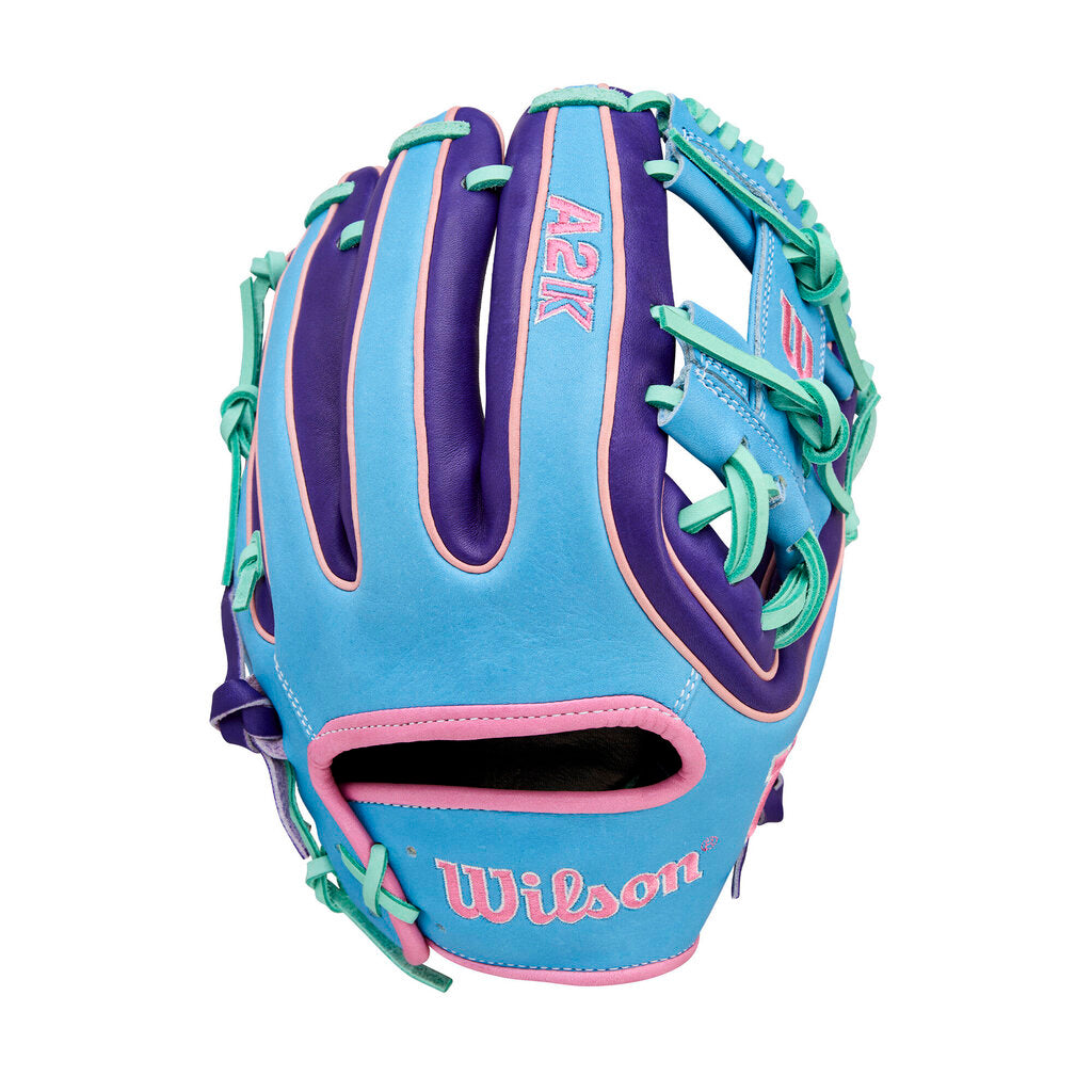 Baseball glove in sky blue and purple with Wilson logo patch and teal web laces