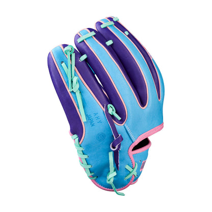 Baseball glove side view in light sky blue and purple with teal lacing and strap