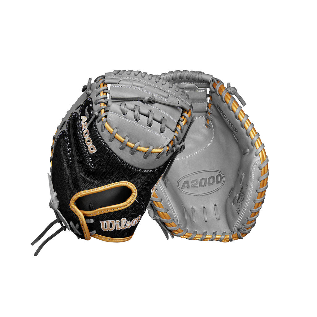 Fastpitch catcher mitt, Wilson A2000, grey and black with gold lacing and web