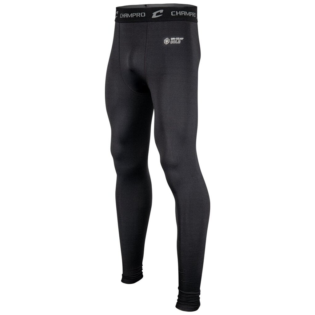 Adult black compression pants with logo waistband and form-fitting long legs