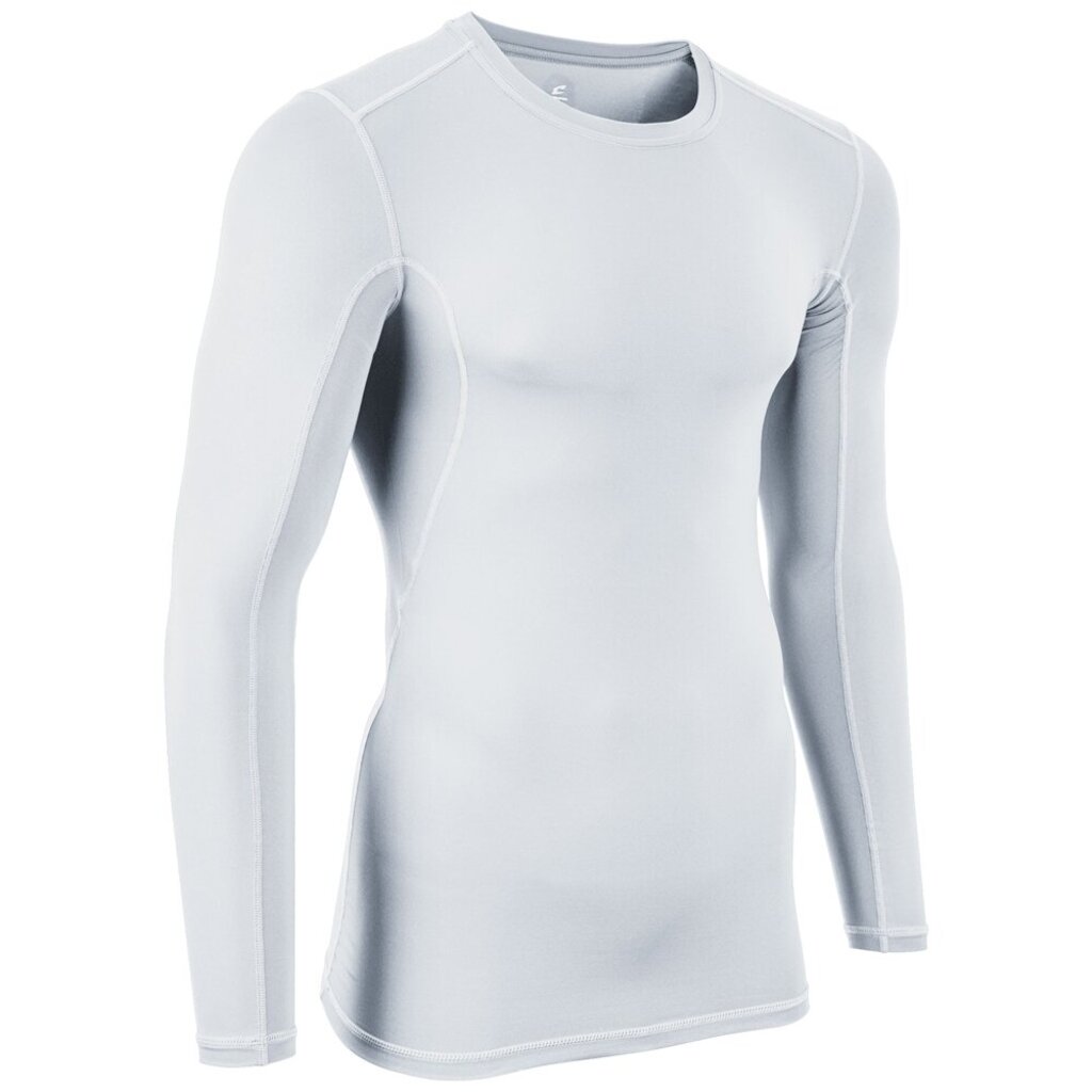White long sleeve compression shirt with crew neck and curved seam panels