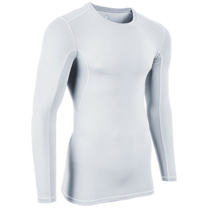 White long sleeve compression shirt with crew neck and curved seam panels
