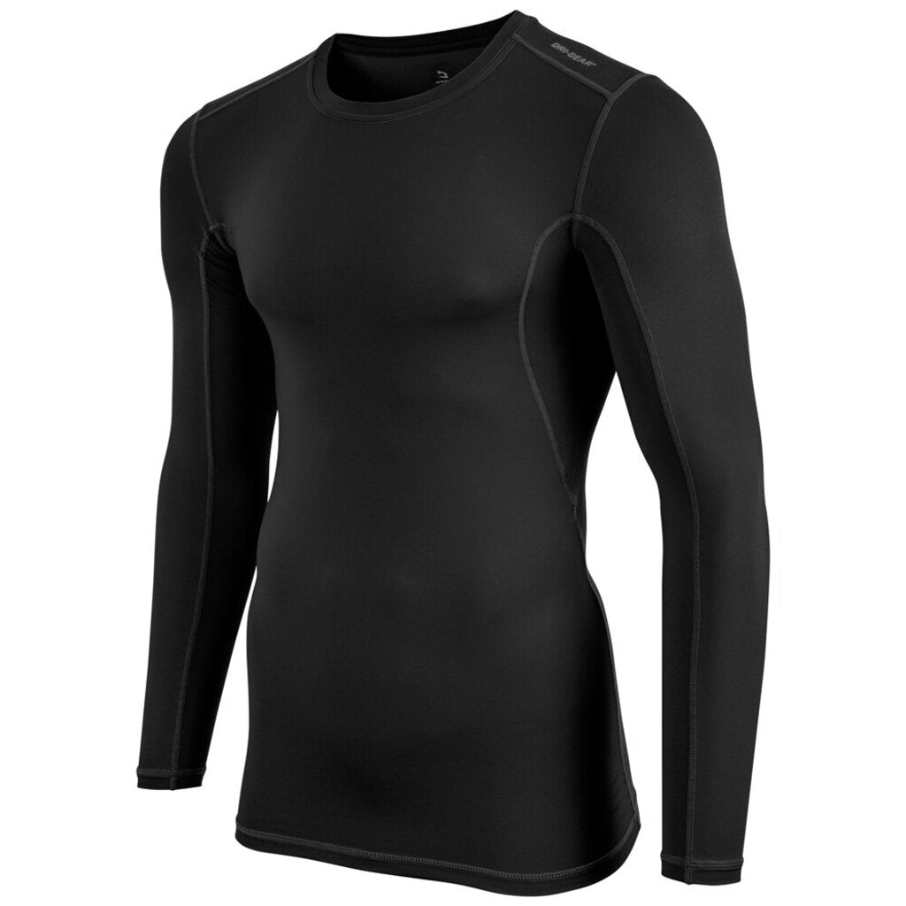 Black long sleeve compression shirt with crew neck and curved seam panels