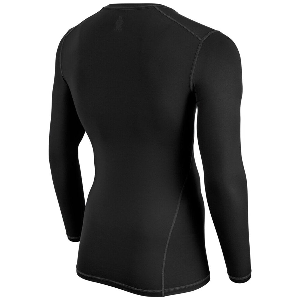 Black long sleeve compression shirt, back view with stitched seam lines