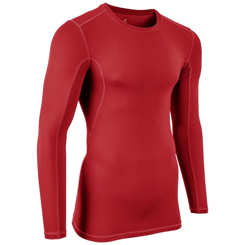 Red long sleeve compression shirt with crew neck and smooth seams