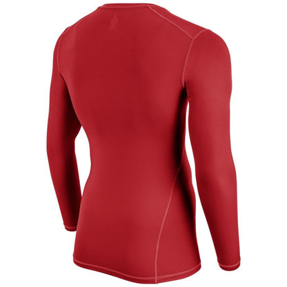 Red long sleeve compression shirt back view with curved seam panels