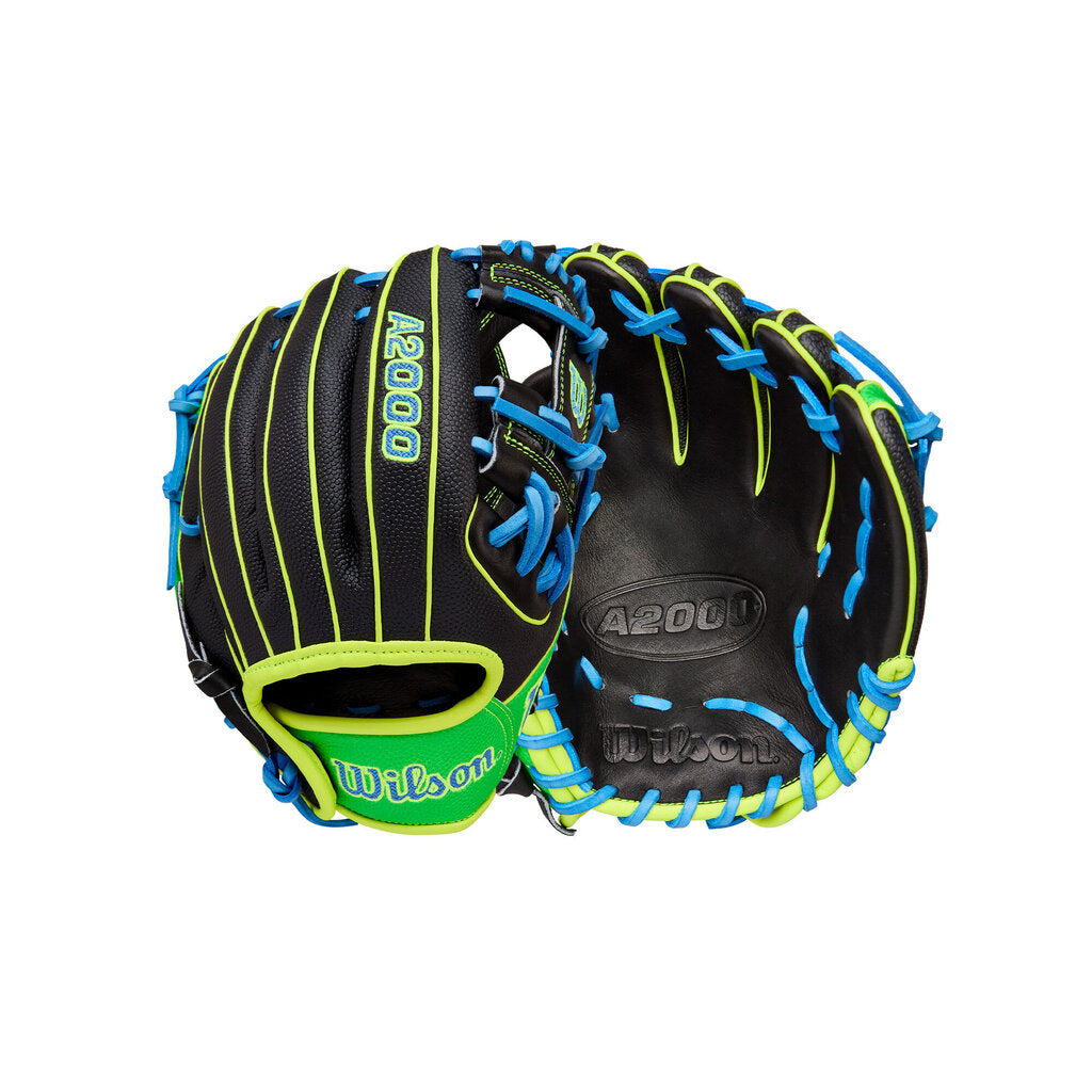Black baseball glove with blue and neon green accents, A2000 stamp on pocket and logo
