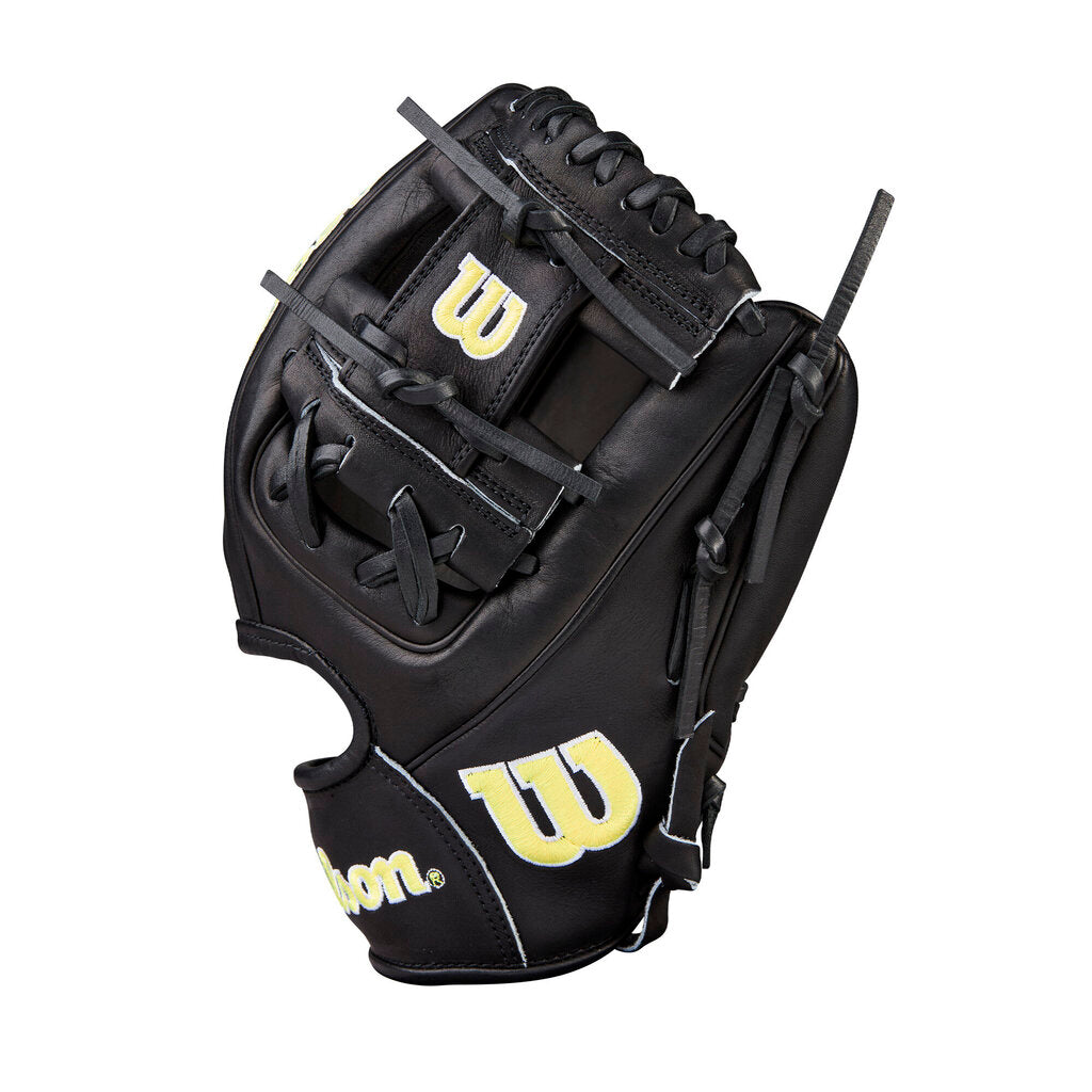 Black baseball glove with strap closure, Wilson logo, and A2000 badge on palm.