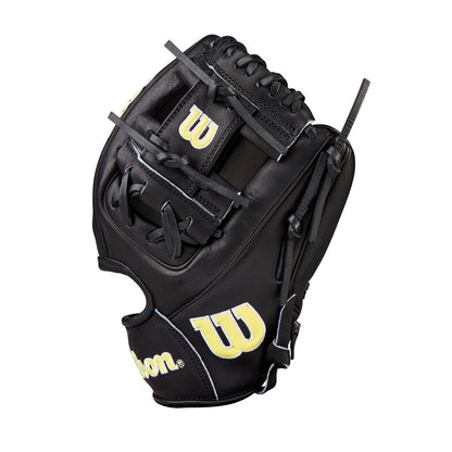 Black baseball glove with strap closure, Wilson logo, and A2000 badge on palm.