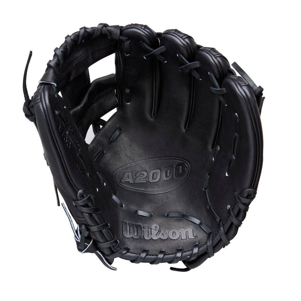 Black baseball glove with A2000 logo on back and stitched finger stalls.