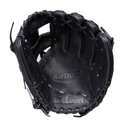 Black baseball glove with A2000 logo on back and stitched finger stalls.