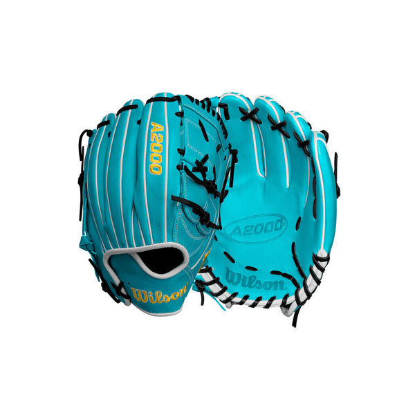 Teal and black baseball glove with open web, A2000 logo, left-handed throw