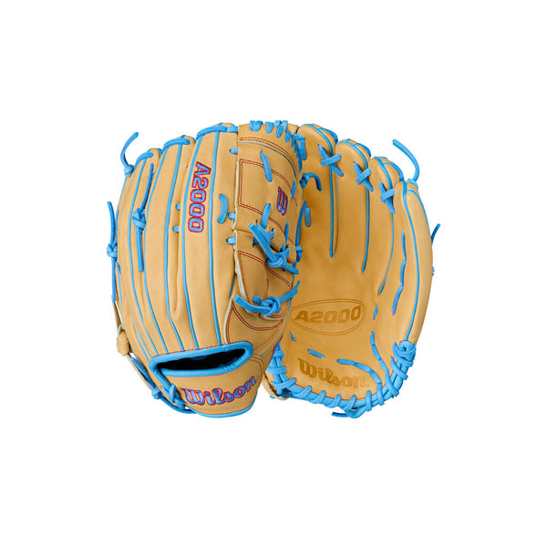 12.5" baseball glove, left-handed throw, tan leather with sky-blue lacing and web