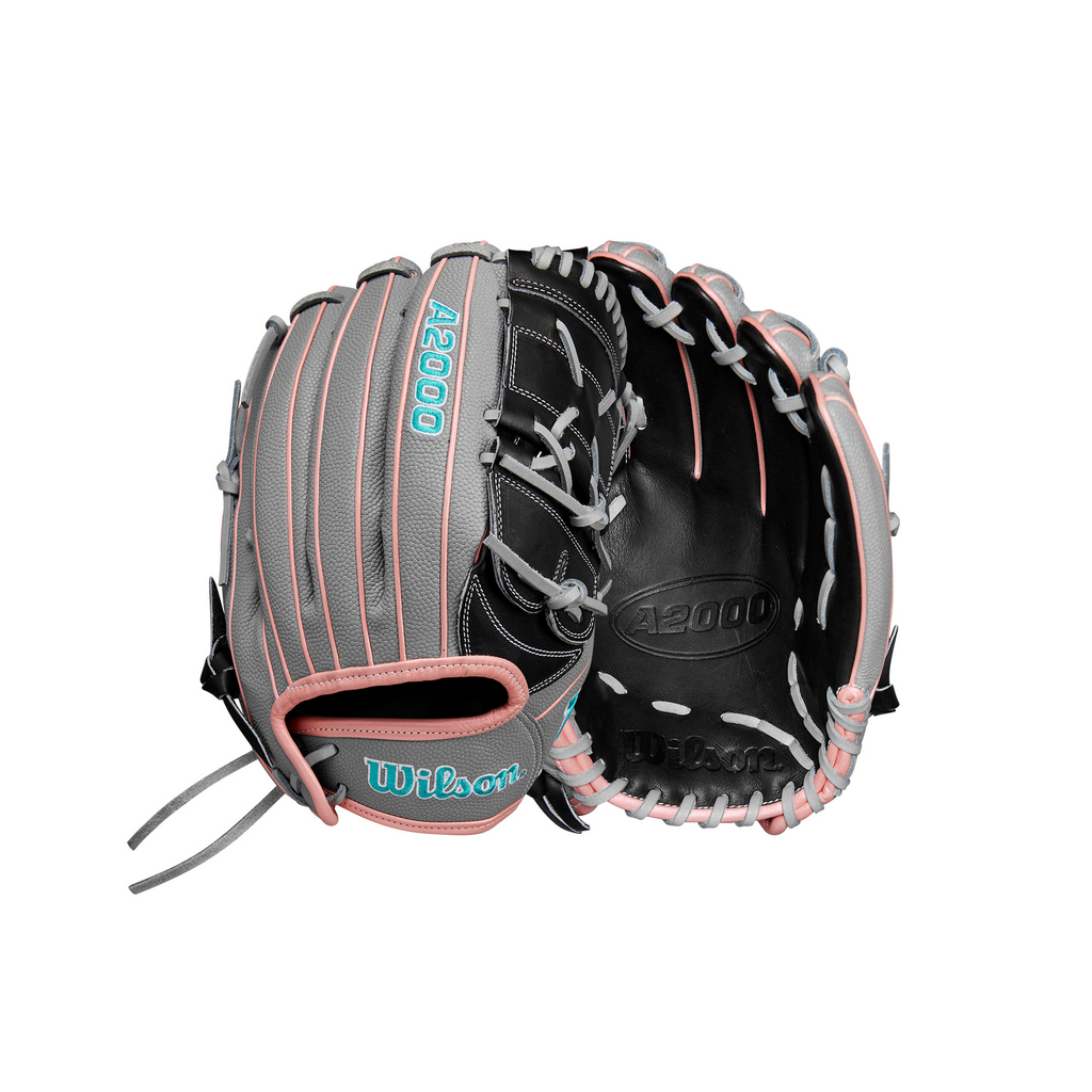 12.25-inch fastpitch softball glove, grey and black with pink accents and lacing