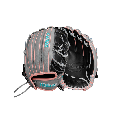 12.25-inch fastpitch softball glove, grey and black with pink accents and lacing
