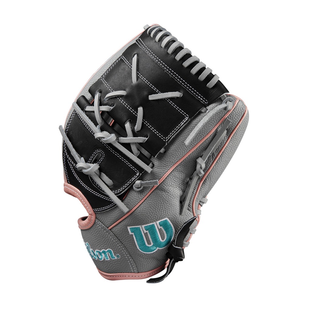 Fastpitch softball glove with black web and grey back, pink trim and finger loops