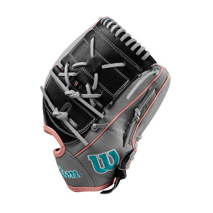 Fastpitch softball glove with black web and grey back, pink trim and finger loops