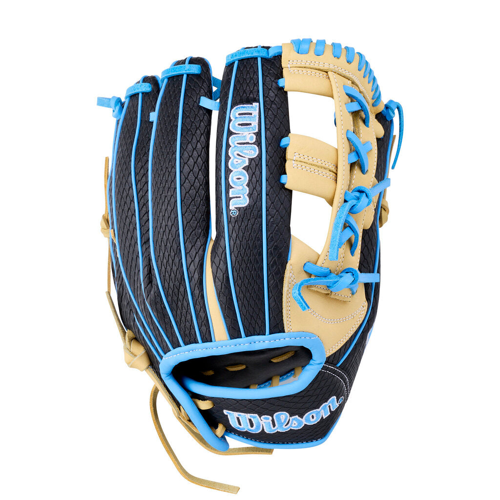 Fastpitch softball glove with black shell, blue web lines, and tan interior