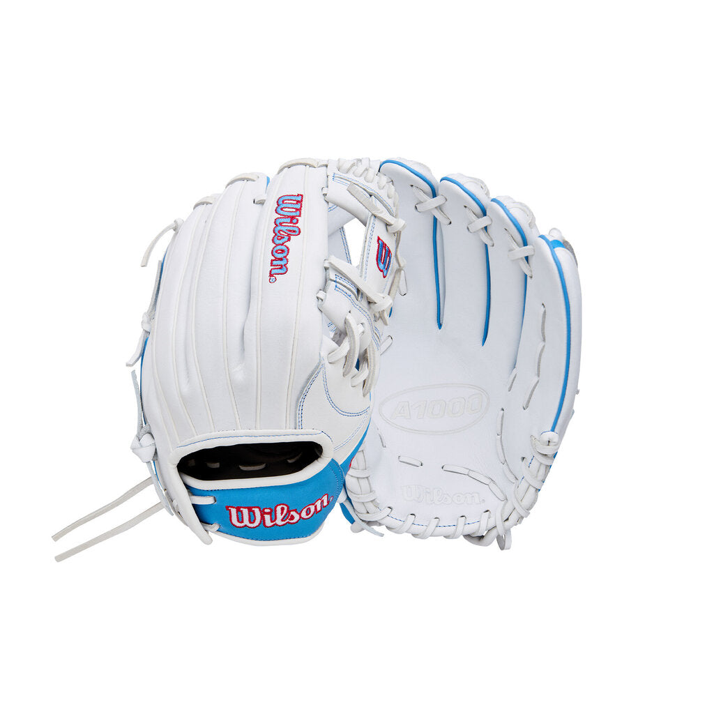 Fastpitch softball glove in white leather with blue piping, palm opening and laces visible