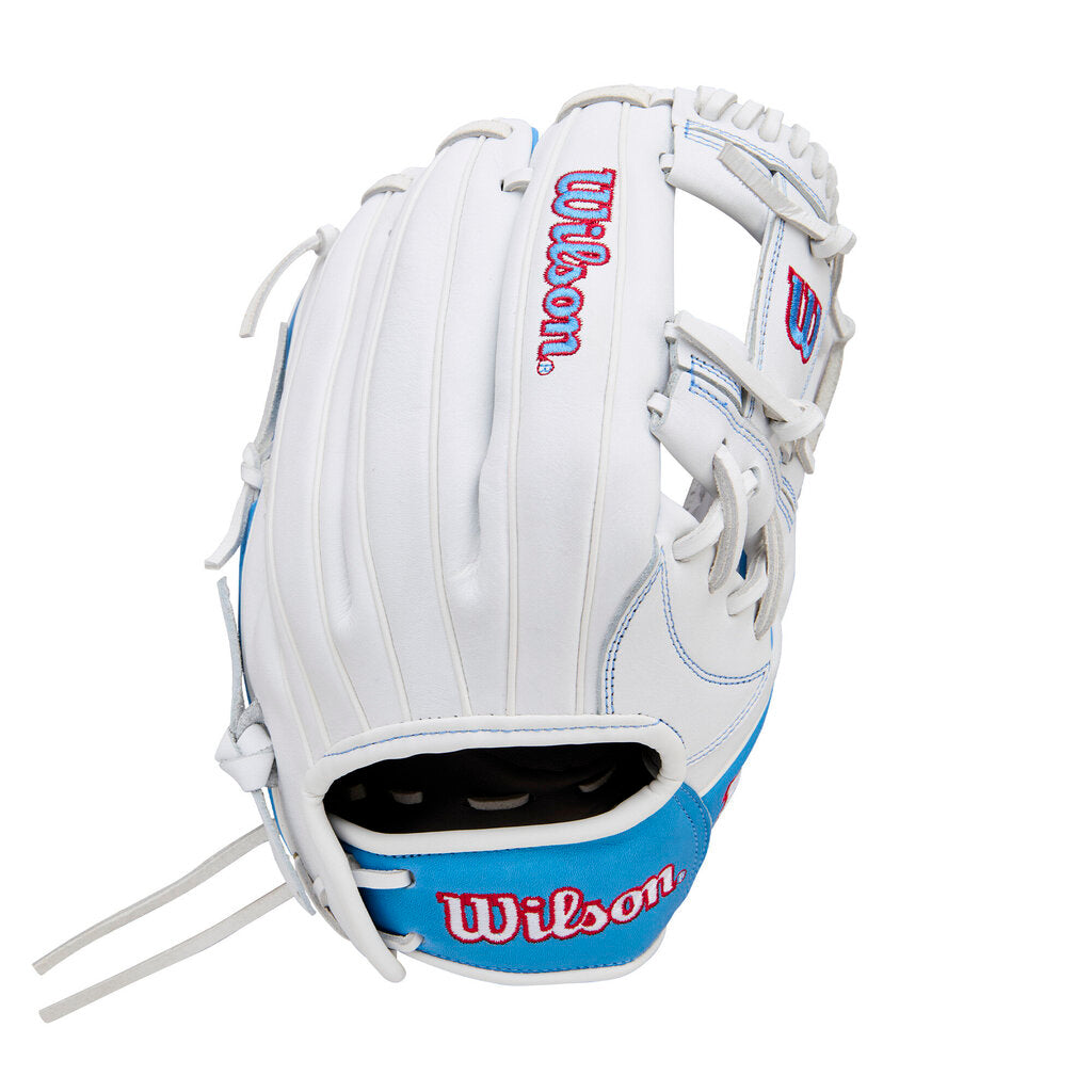 Fastpitch softball glove in white with blue trim and Wilson logo, black palm pocket opening