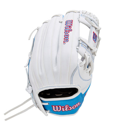 Fastpitch softball glove in white with blue trim and Wilson logo, black palm pocket opening