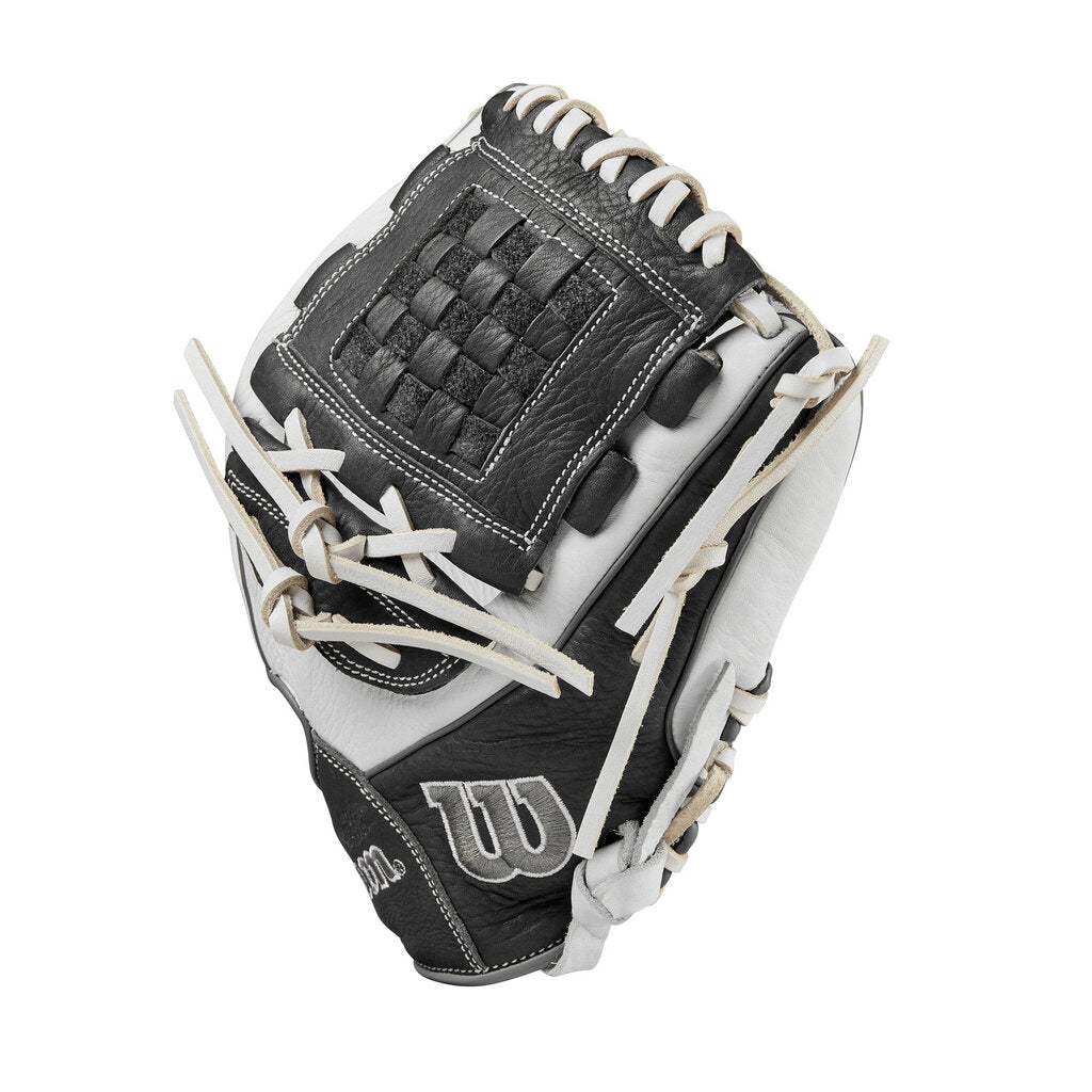 Left-hand fastpitch glove, black back and white palm with Wilson logo patch