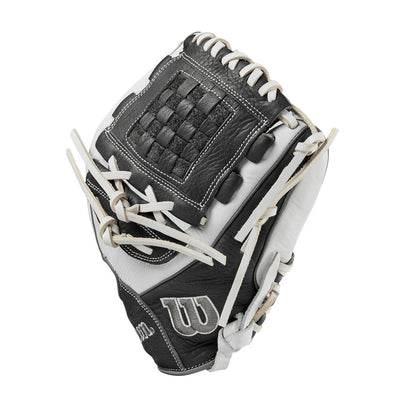 Left-hand fastpitch glove, black back and white palm with Wilson logo patch
