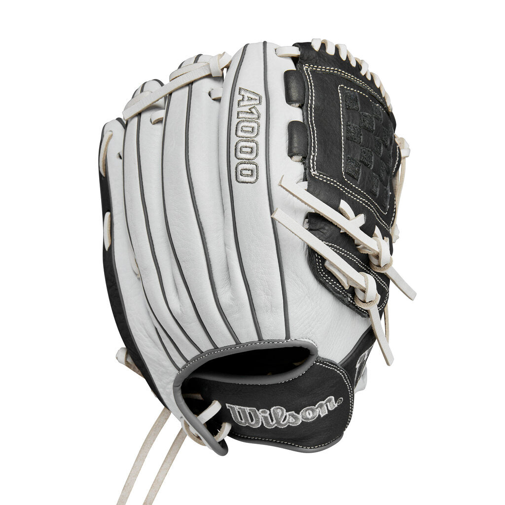 Left-hand 12" fastpitch softball glove, white/grey leather with black web and lacing
