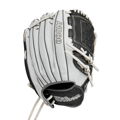 Left-hand 12" fastpitch softball glove, white/grey leather with black web and lacing