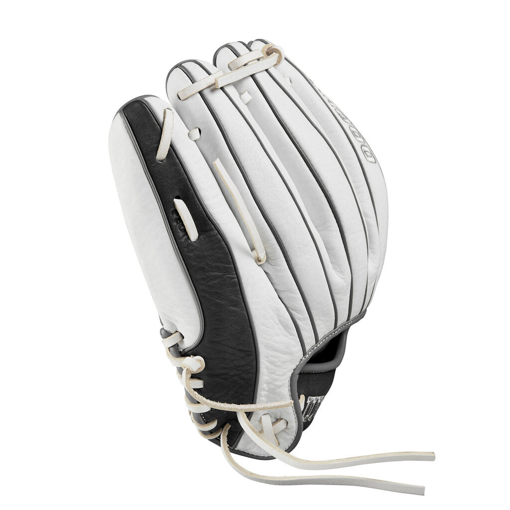 Left-hand fastpitch glove, white/grey leather with black palm and lace-up wrist
