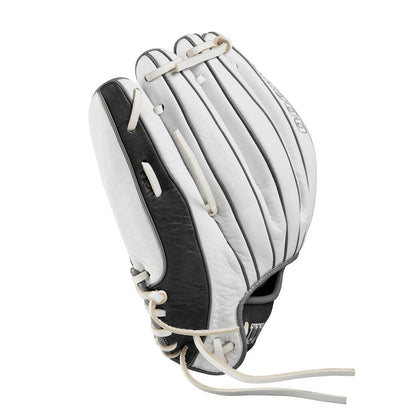 Left-hand fastpitch glove, white/grey leather with black palm and lace-up wrist