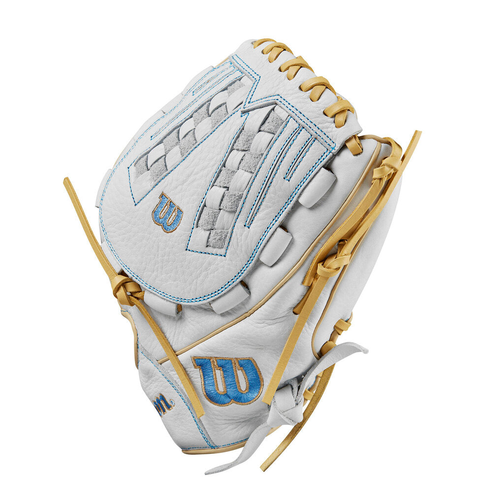 White and light-blue fastpitch softball glove with gray web and tan laces