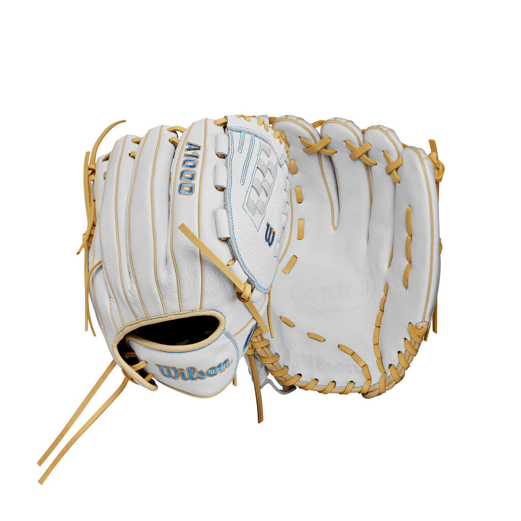 White fastpitch softball glove with tan web lacing and light-blue accent panel