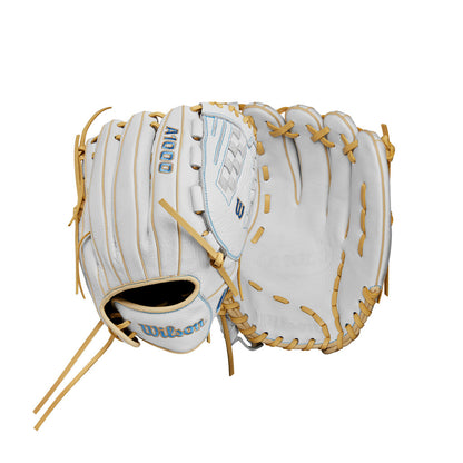 White fastpitch softball glove with tan web lacing and light-blue accent panel