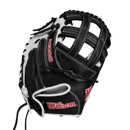 White and black catcher mitt with Wilson logo patch and black web.