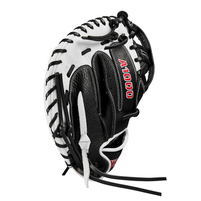 Side view of white and black catcher mitt with red Wilson text on wrist.