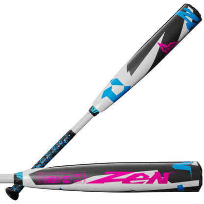 DeMarini Zen USSSA baseball bat, black barrel with blue and pink graphics