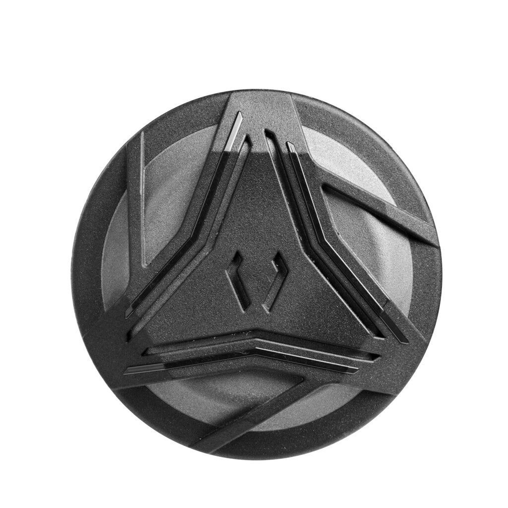Baseball bat end cap with raised black and silver cutout pattern