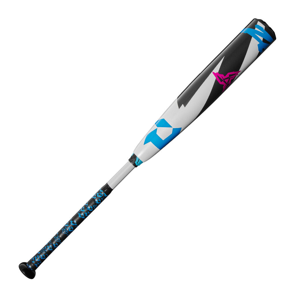 Black baseball bat with white grip and blue and pink accent graphics