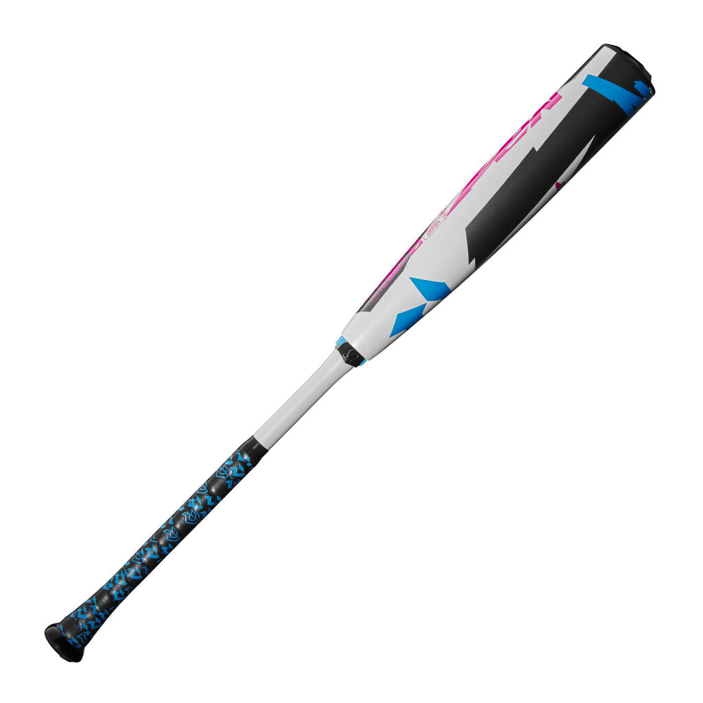 Baseball bat with white barrel section, pink logo, and blue diamond pattern grip