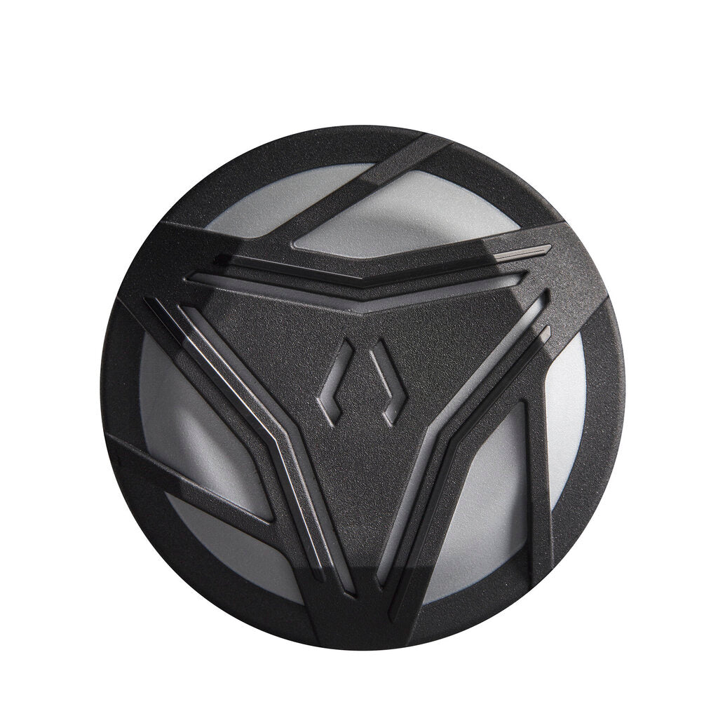Black alloy bat end cap with molded design and raised accents