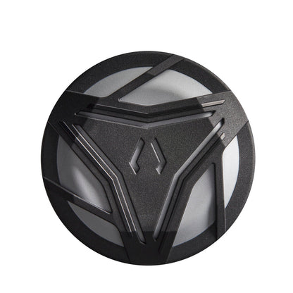 Black alloy bat end cap with molded design and raised accents