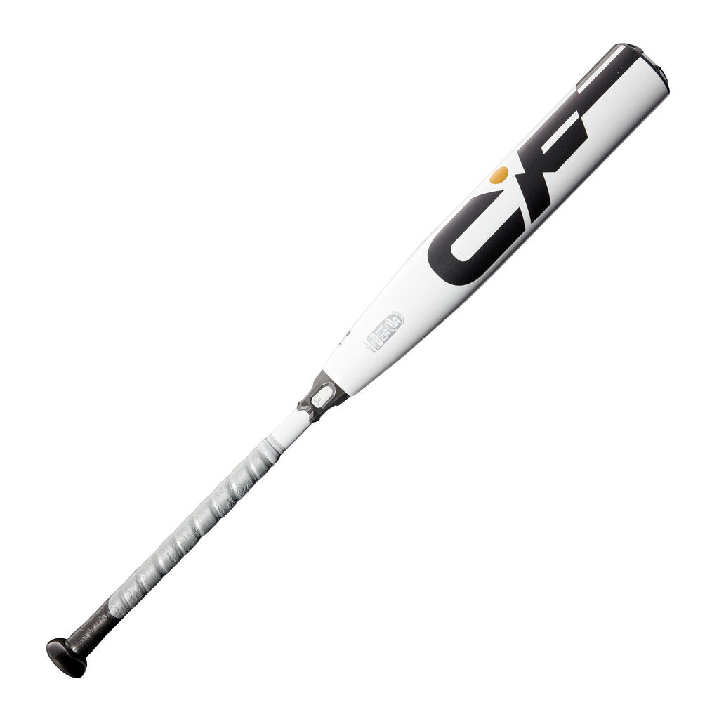 White baseball bat with black grip end, gold accent logos on the barrel.