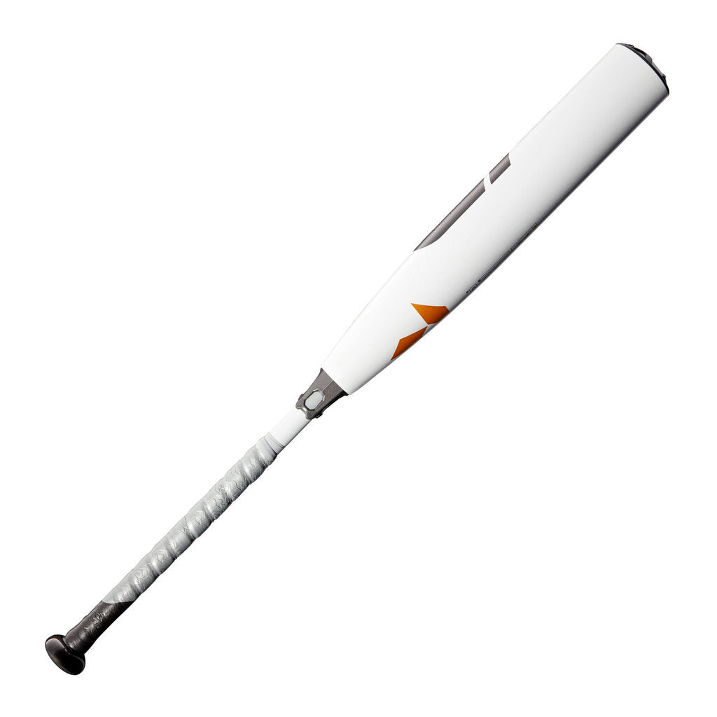 White baseball bat with orange-gold stripe and black end cap, barrel branding.