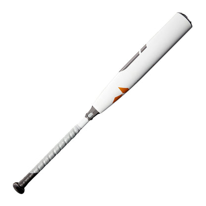 White baseball bat with orange-gold stripe and black end cap, barrel branding.
