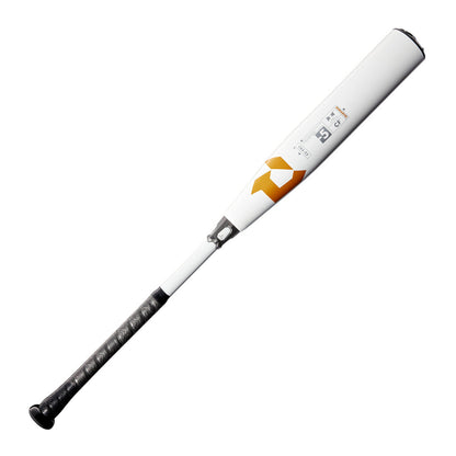 Demarini CF -5 baseball bat, tip view with white barrel and black grip