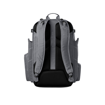 Black backpack bat bag with padded back panel and adjustable shoulder straps.