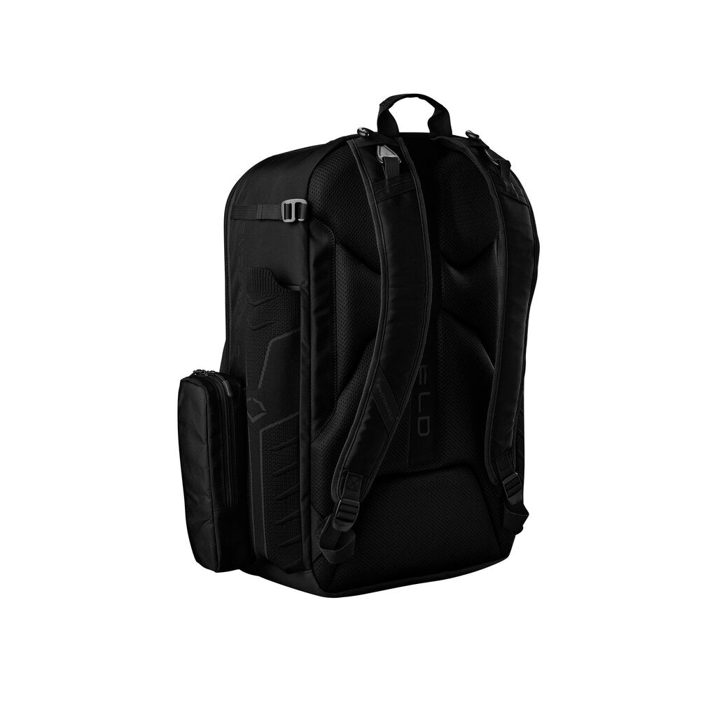Black backpack bat bag with dual front pockets and adjustable shoulder straps.
